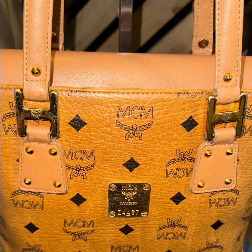 MCM Mini Cognac Leather Tote with Logo Pattern - Picture 2 of 16